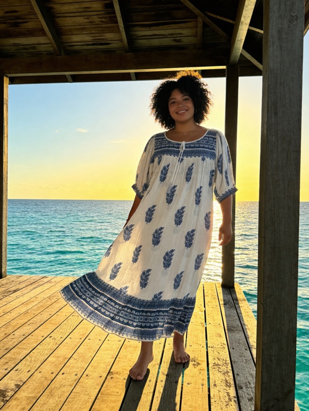 Daughters of India White & Navy Printed Beach Caftan